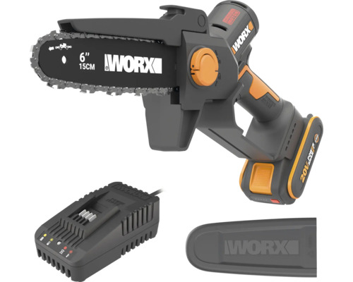 Worx 20V Akku-Einhand-Kettensäge mit 15 cm Schwert, inklusive Akku, Ladegerät und Kettenschutz.