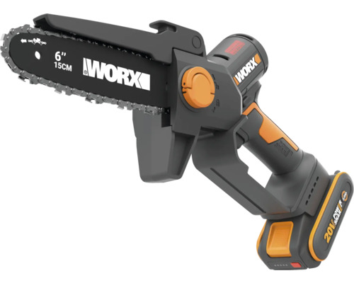Akku-Gehölzschneider Worx mit 15 Zentimeter Schwertlänge und 20 Volt Akku.