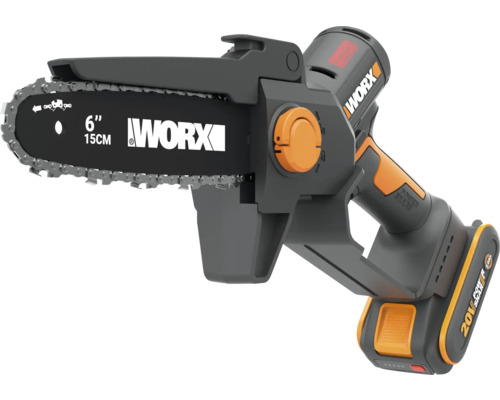 Worx Akku Einhand Astsäge mit 15 Zentimeter Schwertlänge und 20 Volt Akku.