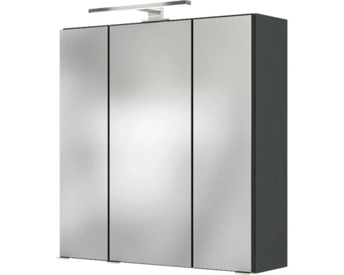 Dreitüriger Spiegelschrank mit LED-Aufsatzleuchte und dunkelgrauem Korpus.