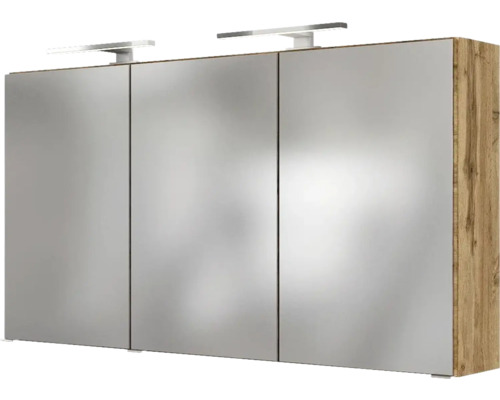 Dreitüriger Spiegelschrank für das Badezimmer mit Korpus in Holzoptik und zwei LED-Leuchten.