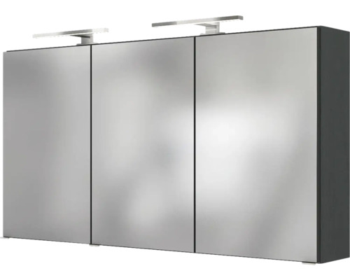Spiegelschrank mit drei Türen, zwei LED-Leuchten und dunklem Korpus für das Badezimmer.