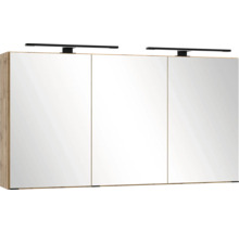 Dreitüriger Spiegelschrank für das Badezimmer mit Holzkorpus und zwei schwarzen LED-Aufsatzleuchten.