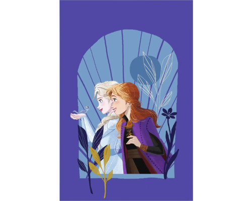 Illustration mit den Charakteren Elsa und Anna aus dem Film Die Eiskönigin – Völlig unverfroren, die in einer Szene mit Pflanzen und einem hellblauen Hintergrund dargestellt sind