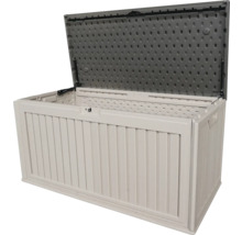 Geöffnete Gartenbox aus Kunststoff zur Aufbewahrung von Gartengeräten und Kissen
