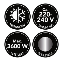 Symbole für Warmluft, Kaltluft, Spannung circa 220 bis 240 Volt, maximale Leistung 3600 Watt und Edelstahl