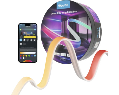 Govee COB Strip Light Pro LED-Streifen mit App-Steuerung per Smartphone, 3 Meter Länge und flexiblem Design mit Farbverlauf.