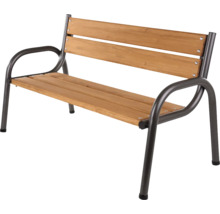 Gartenbank mit Holzlatten und dunklem Metallgestell.