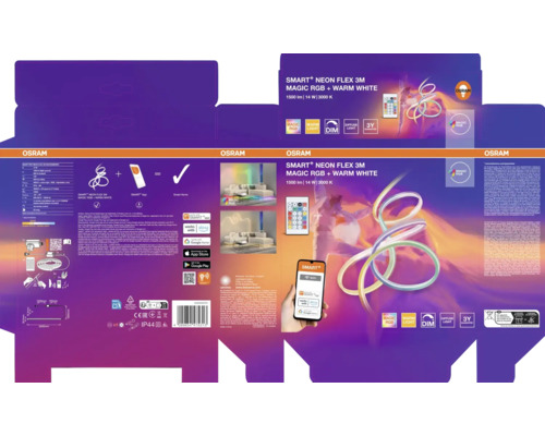 Verpackung für Osram Smart Plus Neon Flex 3 Meter Magic RGB plus warmweiß LED Streifen mit Osram Logo, smarter Steuerung und Dimmfunktion.