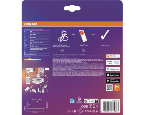 Rückseite der Osram Smart Plus Neon Flex 3 Meter LED-Streifen Verpackung mit Osram Logo, technischen Daten und Smart-Home-Kompatibilität.
