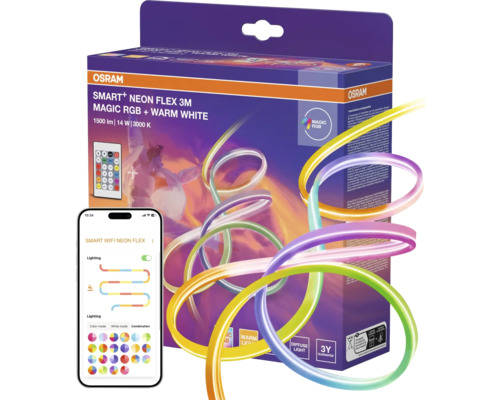 Osram Smart Plus Neon Flex LED-Streifen 3 Meter Magic RGB und Warmweiß mit App-Steuerung und Fernbedienung.