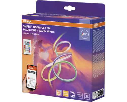 Osram Smart Plus Neon Flex LED Streifen, drei Meter, Magic RGB, warmweiß, steuerbar per App und Sprache, dimmbar, drei Jahre Garantie.