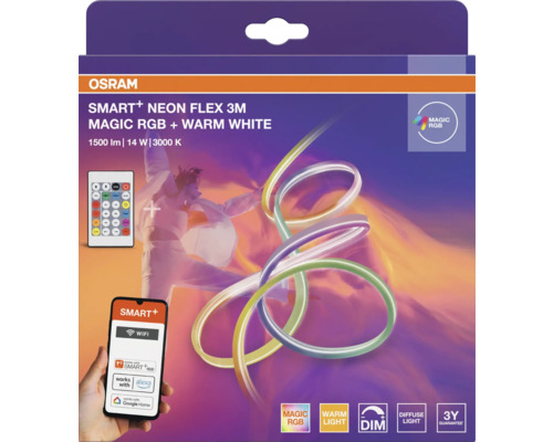 Osram Smart+ Neon Flex LED-Streifen, 3 Meter, Magic RGB und warmweißes Licht, steuerbar per App und Fernbedienung, 1500 Lumen, 14 Watt, dimmbar.