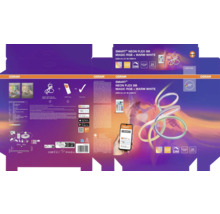 Verpackung des Osram Smart+ Neon Flex 5 Meter Magic RGB und warmweiß LED-Streifens mit Osram Logo und Symbolen für Smart Home Steuerung.