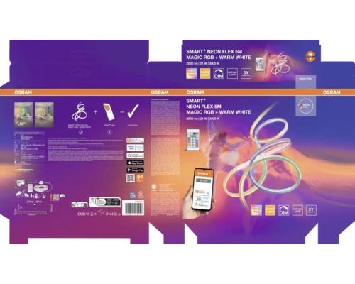 Verpackung des Osram Smart+ Neon Flex 5 Meter Magic RGB und warmweiß LED-Streifens mit Osram Logo und Symbolen für Smart Home Steuerung.