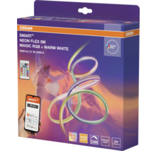 Osram Smart Plus Neon Flex 5 Meter Magic RGB und Warmweiß LED-Streifen Verpackung mit Fernbedienung und App-Steuerung.