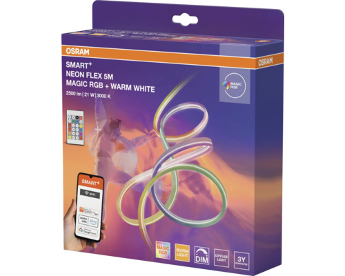 Osram Smart Plus Neon Flex 5 Meter Magic RGB und Warmweiß LED-Streifen Verpackung mit Fernbedienung und App-Steuerung.