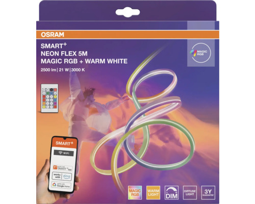 OSRAM SMART+ NEON FLEX LED-Streifen 5 Meter, Magic RGB und warmweiß, dimmbar, steuerbar per App oder Fernbedienung.