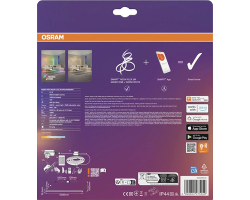 Produktinformationen zur OSRAM SMART+ Neon Flex 5M Magic RGB und Warmweiß LED-Leiste mit technischen Daten, Maßen und Smart Home Kompatibilität.