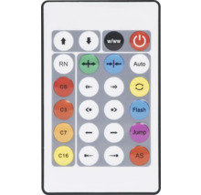 Fernbedienung für die Lichtsteuerung mit Tasten für Farbauswahl, Helligkeit und verschiedene Lichtmodi wie Flash und Jump.