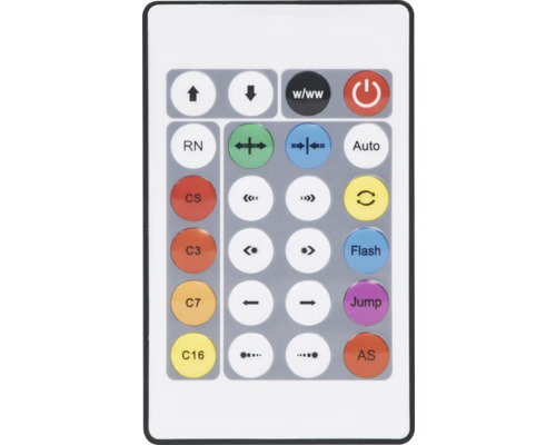 Fernbedienung für die Lichtsteuerung mit Tasten für Farbauswahl, Helligkeit und verschiedene Lichtmodi wie Flash und Jump.