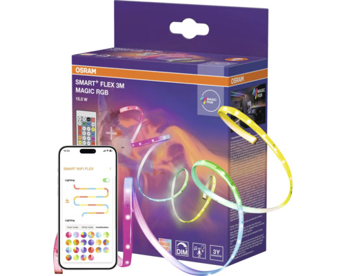 OSRAM Smart+ Flex 3 Meter Magic RGB LED-Streifen Set mit Fernbedienung, Smartphone-Steuerung und drei Jahren Garantie.