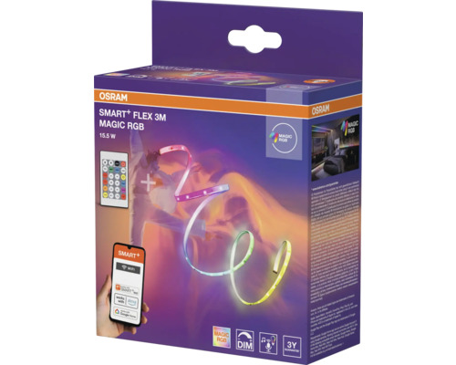 OSRAM SMART PLUS FLEX 3 Meter MAGIC RGB LED-Streifen, 15,5 Watt, WLAN, App-Steuerung, inklusive Fernbedienung und 3 Jahre Garantie.