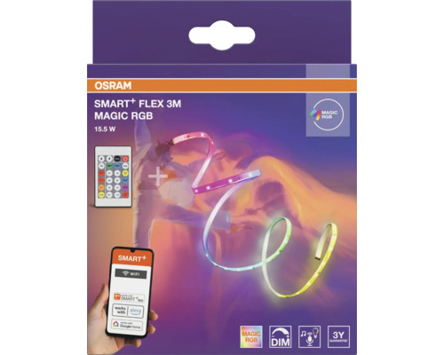 OSRAM SMART plus FLEX 3 Meter MAGIC RGB LED-Streifen, 15,5 Watt. Kompatibel mit Wifi, Alexa und Google Home. Mit Fernbedienung und App-Steuerung.