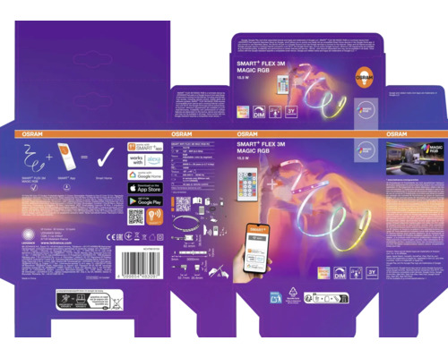 Osram Smart Plus Flex 3 Meter Magic RGB LED-Streifen Verpackung, kompatibel mit Smart Home und Sprachsteuerung.