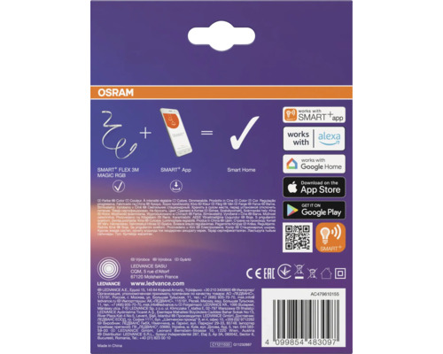 Rückseite der Osram Smart Plus Flex 3M Magic RGB LED-Streifen Verpackung mit Installationsanleitung für Smart Home, Alexa und Google Home.