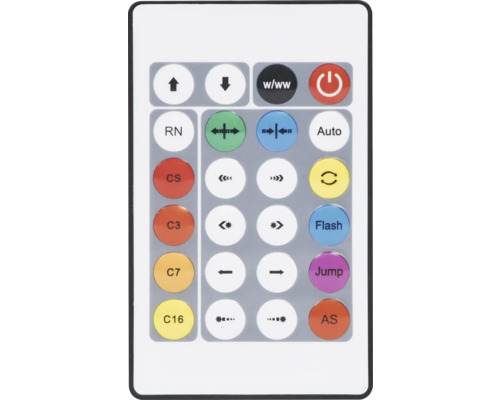 Weiße Fernbedienung für LED-Beleuchtung mit Tasten für Farbmodi, Helligkeit und Programme.