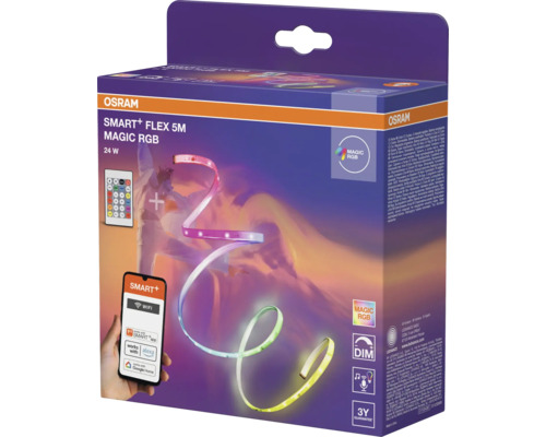 OSRAM Logo, SMART+ FLEX 5 Meter MAGIC RGB LED-Streifen, 24 Watt, App-Steuerung, Fernbedienung, dimmbar, Musik-Modus, drei Jahre Garantie.