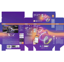 Osram Logo, Verpackung für Smart Plus Flex 5 Meter Magic RGB LED-Streifen mit Fernbedienung, App-Steuerung und Smart Home Kompatibilität.