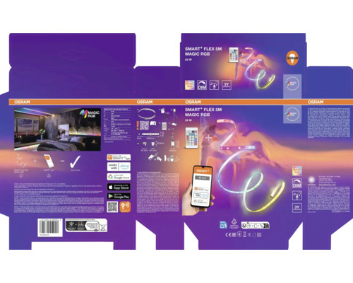 Osram Logo, Verpackung für Smart Plus Flex 5 Meter Magic RGB LED-Streifen mit Fernbedienung, App-Steuerung und Smart Home Kompatibilität.