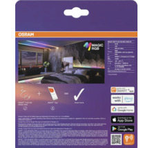Rückseite der Verpackung für Osram Smart Plus Flex 5 Meter Magic RGB LED Streifen mit technischen Daten und Smart Home Kompatibilität.