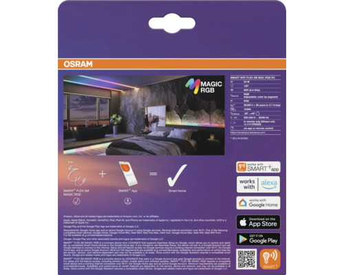 Rückseite der Verpackung für Osram Smart Plus Flex 5 Meter Magic RGB LED Streifen mit technischen Daten und Smart Home Kompatibilität.