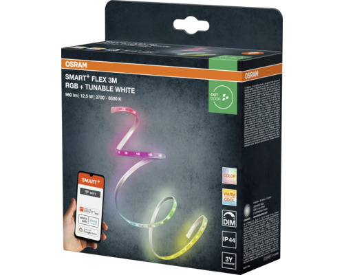 Osram Smart Plus Flex 3 Meter RGB und Tunable White LED-Streifen für den Außenbereich, dimmbar und steuerbar über App oder Sprachassistent.