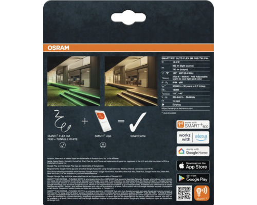 Osram Smart plus Flex 3 Meter LED-Streifen für außen, RGB, Tunable White, WLAN, IP44, App-Steuerung, kompatibel mit Alexa und Google Home.