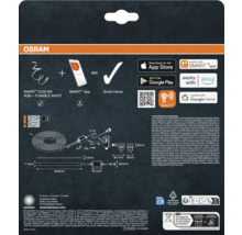Rückseite der Verpackung eines Osram Smart plus Flex LED-Streifens mit technischen Details, Maßen und Kompatibilität für Smart Home Systeme.