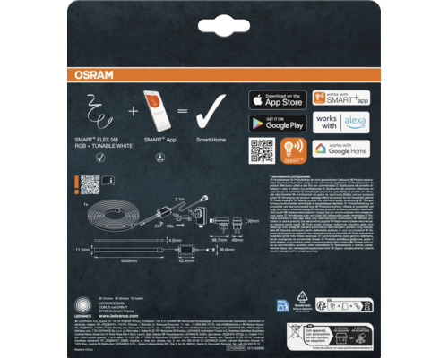 Rückseite der Verpackung eines Osram Smart plus Flex LED-Streifens mit technischen Details, Maßen und Kompatibilität für Smart Home Systeme.