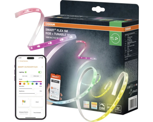 Osram Smart plus Flex 5 Meter RGB und Tunable White LED-Streifen für den Außenbereich mit App-Steuerung und Verpackung.