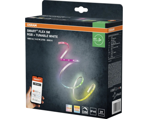 Osram Smart Plus Flex 5 Meter RGB und Tunable White LED-Streifen für den Außenbereich, App-Steuerung, IP44 Schutzart, dimmbar, 3 Jahre Garantie.