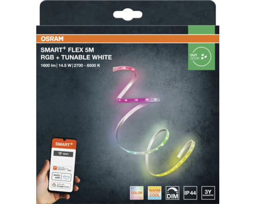 Osram Logo, Smart Plus Flex 5 Meter LED-Streifen für außen, RGB und einstellbares Weiß, 1600 Lumen, WLAN-Steuerung per App, IP44, dimmbar.