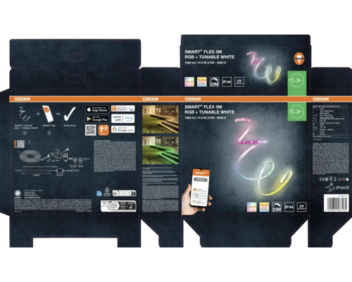 Osram Smart+ Flex 5 Meter LED-Streifen Verpackung, RGB und Tunable White, IP44 Schutzklasse, steuerbar per App und Sprachsteuerung.