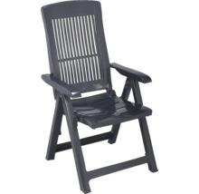 Klappbarer Gartenstuhl aus Kunststoff mit hoher Rückenlehne und Armlehnen in Anthrazit.