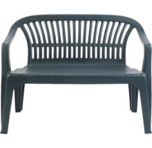 Dunkelgrüne Gartenbank aus Kunststoff, 2-Sitzer, mit hoher Rückenlehne und Armlehnen.
