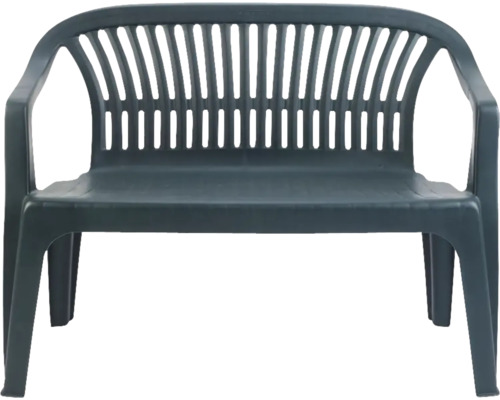 Dunkelgrüne Gartenbank aus Kunststoff, 2-Sitzer, mit hoher Rückenlehne und Armlehnen.