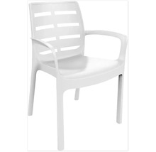 Stapelstuhl aus Kunststoff mit Armlehnen und Lamellen-Rückenlehne in Weiß.