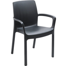 Stapelbarer Gartenstuhl mit Armlehnen aus Kunststoff in Anthrazit.