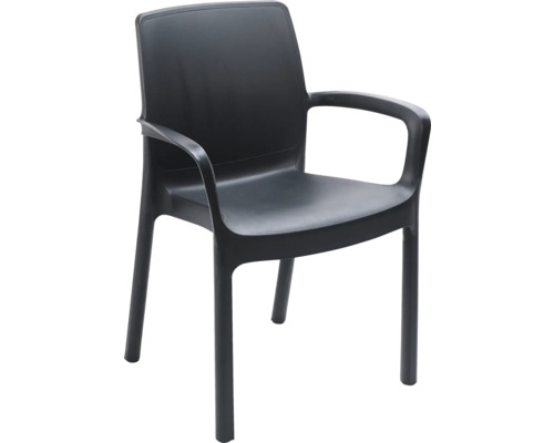 Stapelbarer Gartenstuhl mit Armlehnen aus Kunststoff in Anthrazit.